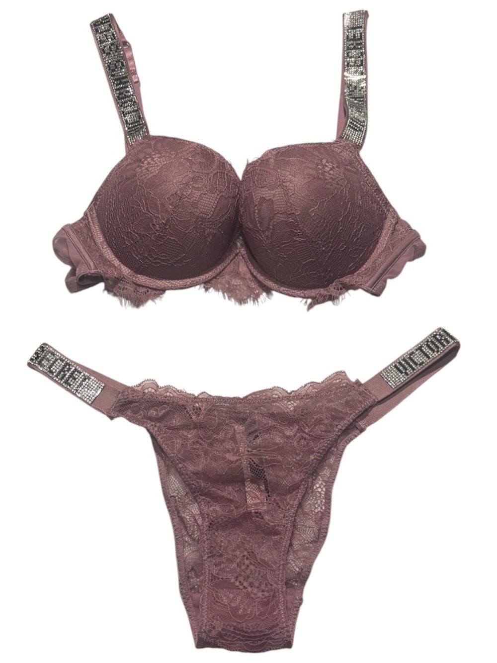 NWT Victoria's Secret Lace Shine Strap Push-Up Bra & Bikini Underwear Set Mauve